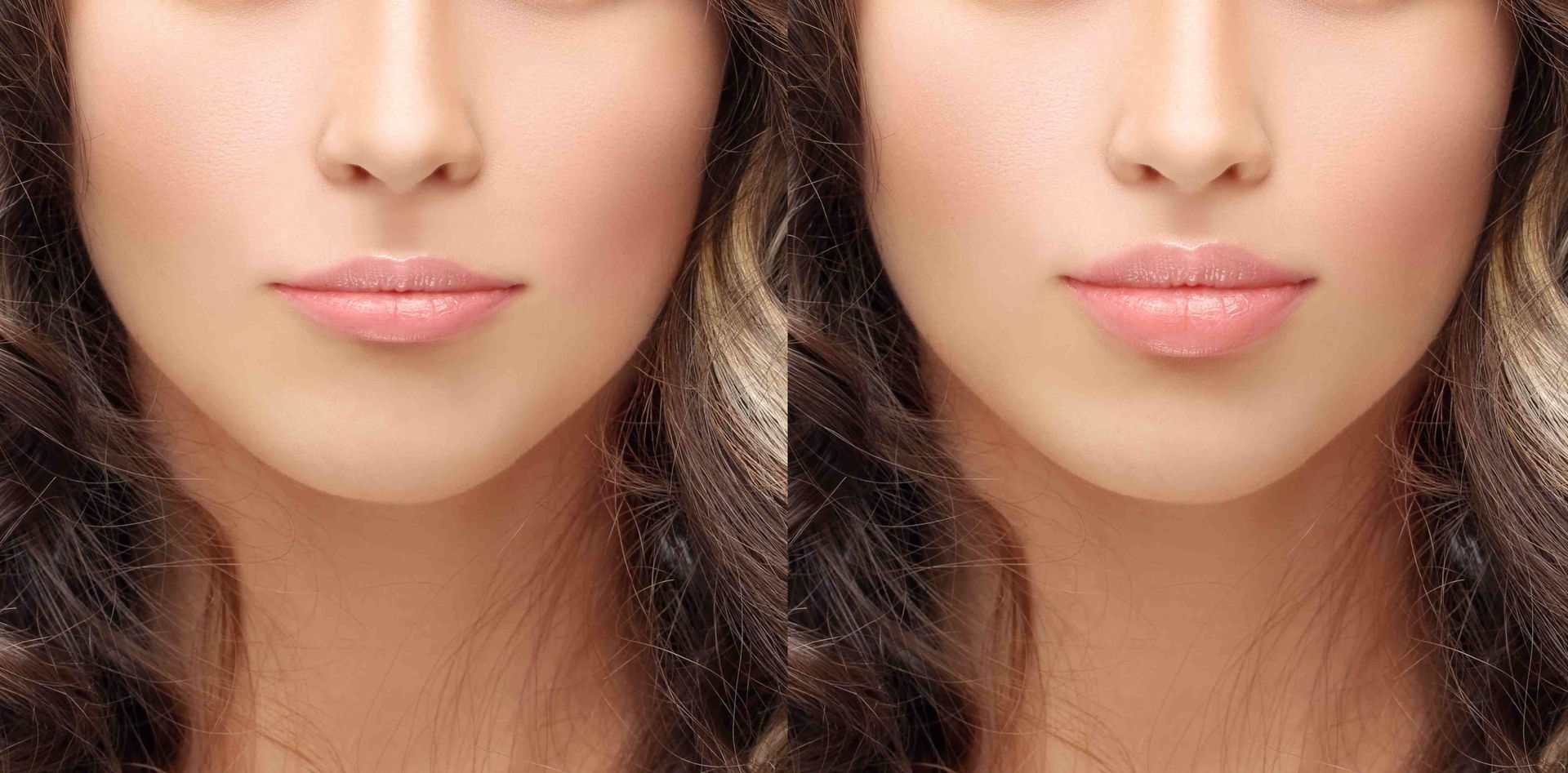 Professional commercial photograph of a woman's nose, lips, and cheeks