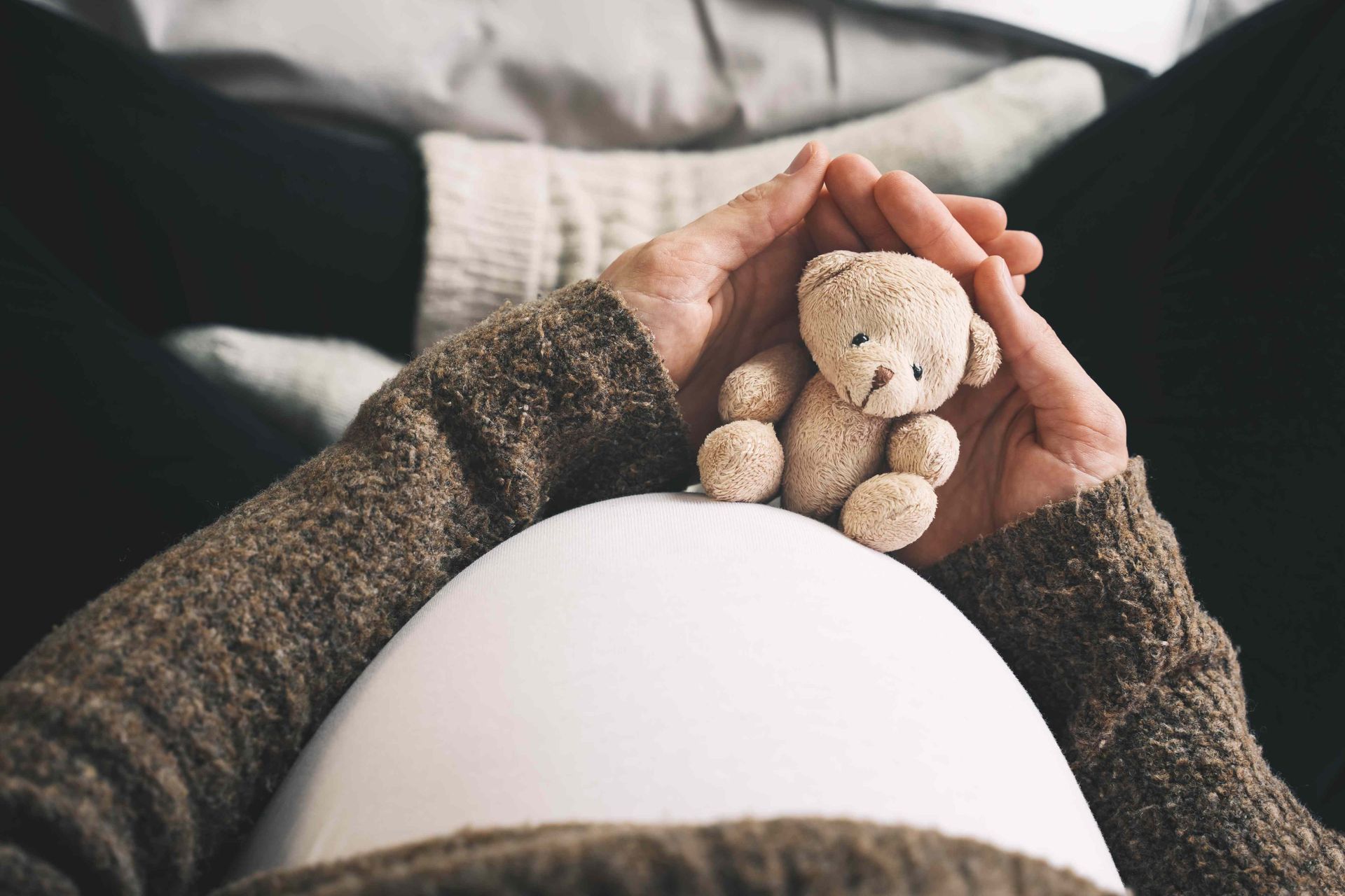 A woman with teddy bear in maternity picture