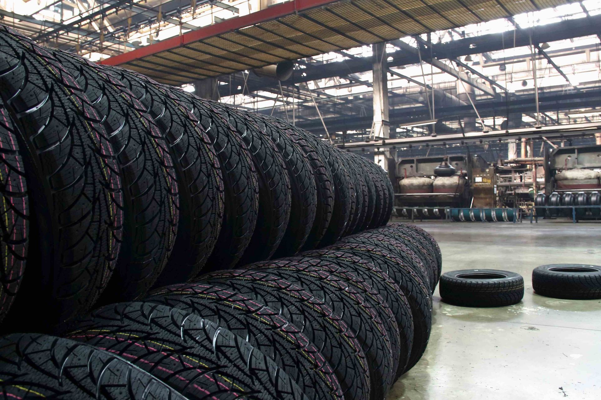 A portrait of tires in a commercial tire factory  