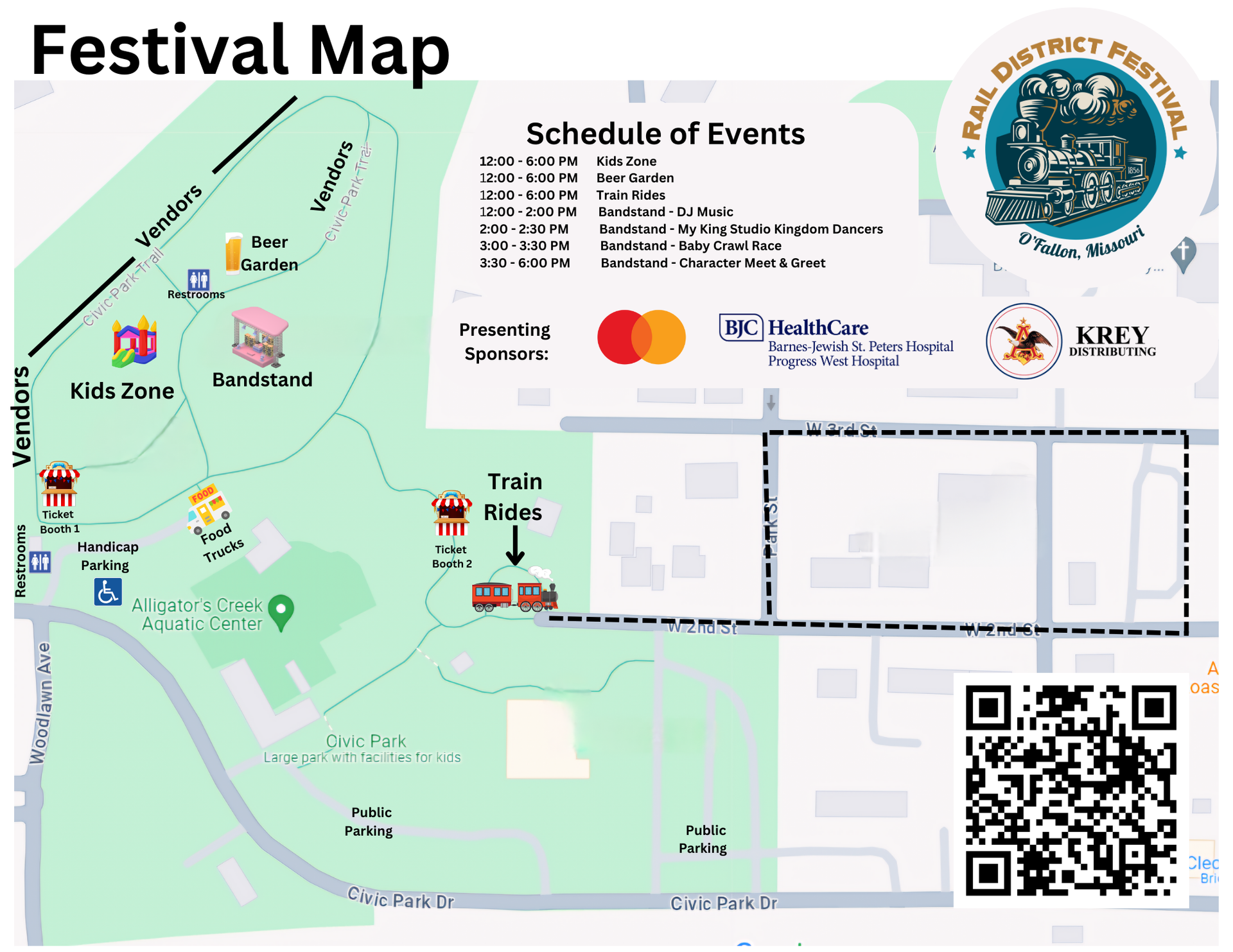 A festival map shows the schedule of events for the rail district festival