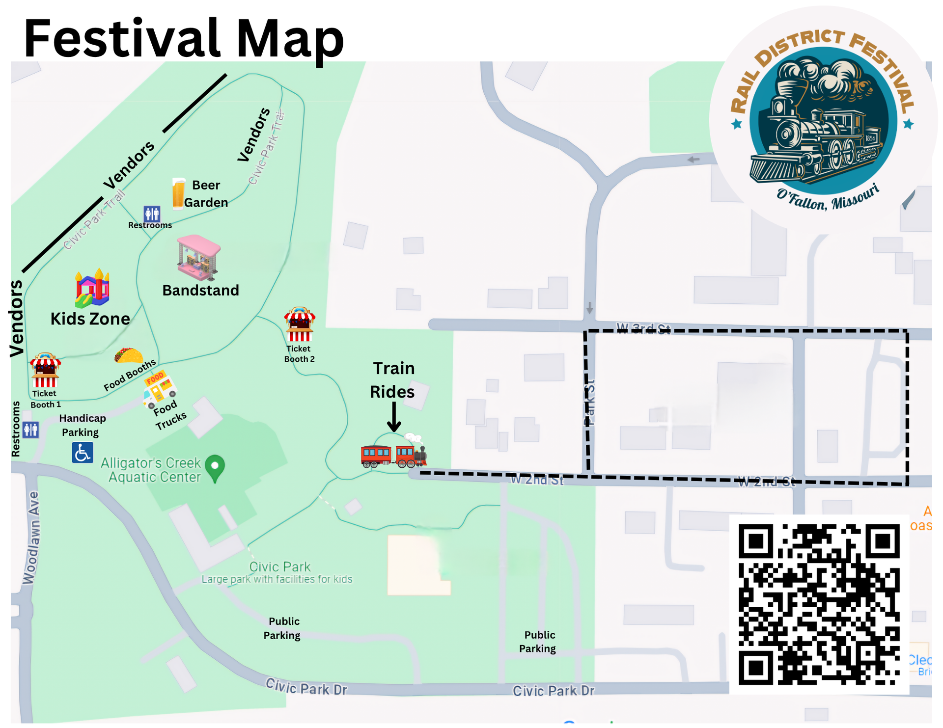 A festival map shows the schedule of events for the rail district festival