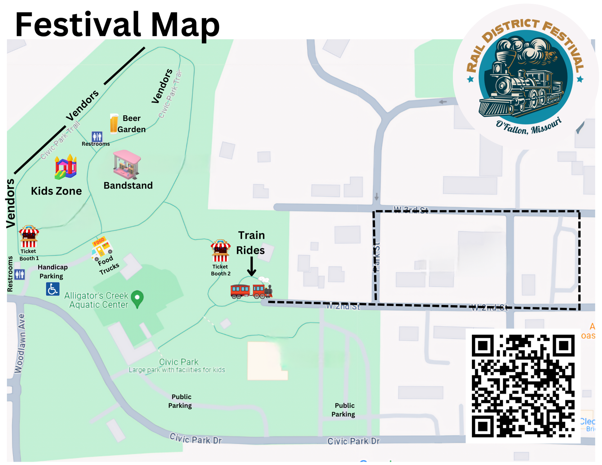 A festival map shows the schedule of events for the rail district festival