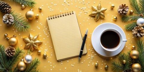 A cup of coffee , a notebook , a pen and christmas decorations on a yellow background.