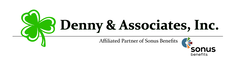 A logo for denny & associates inc. with a green clover