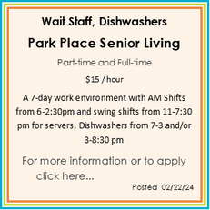 A poster for wait staff , dishwashers and park place senior living.