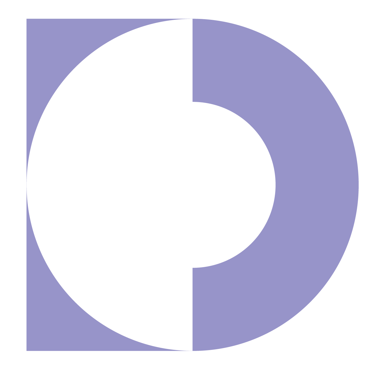Light purple stylized letter D with an inner, crescent-shaped cutout, on a white background.