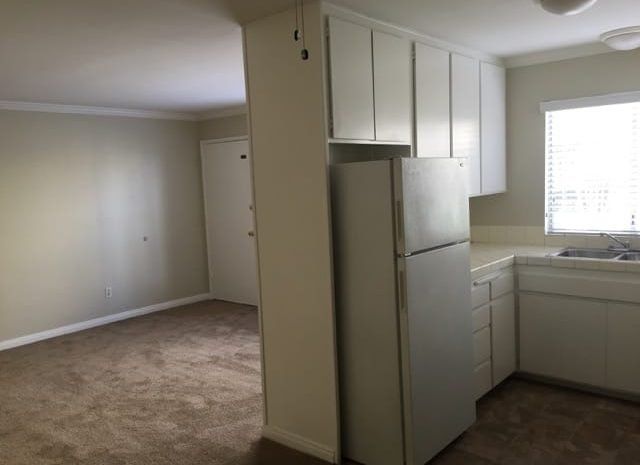 Kitchen with connected to a carpeted room