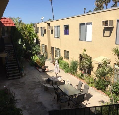 Courtyard in apartment complex on a clear sunny day