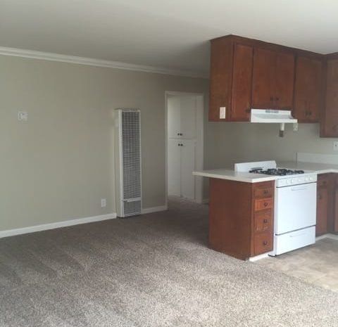 Carpeted dining area next to kitchen