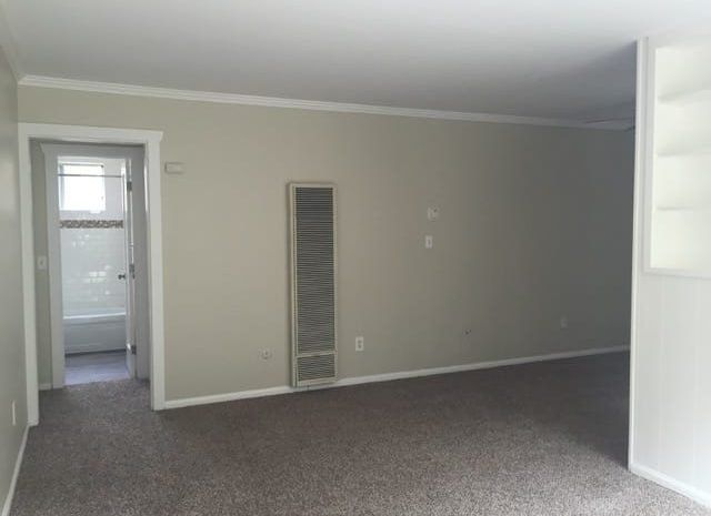 Carpeted room with bathroom in background