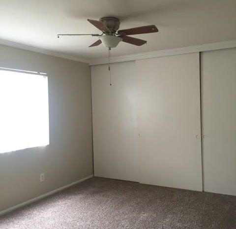 Carpeted bedroom with a ceiling fan