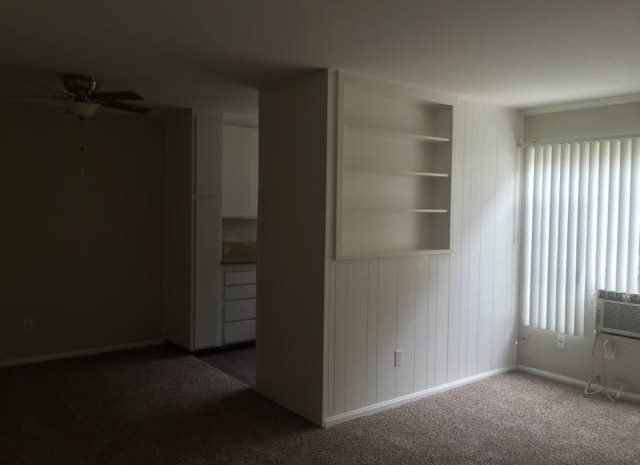 Dark room with blinds and carpet
