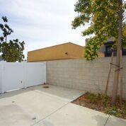 Outside patio area with concrete and a tree; a cinder block wall