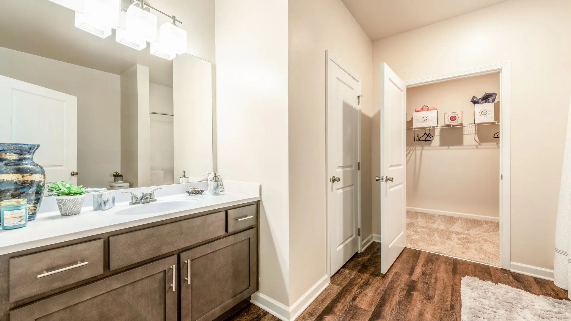 Modern bathroom with a mirror and closet