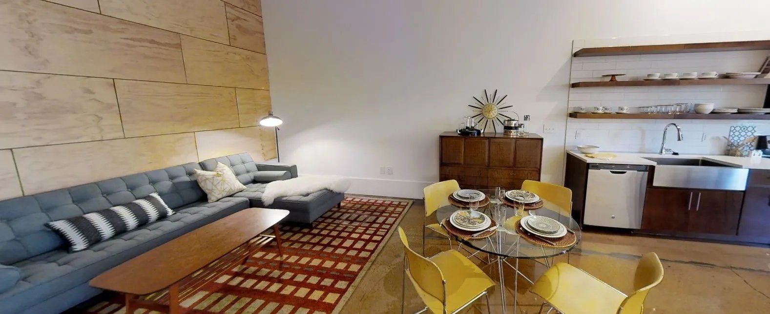 Interior view of a modern apartment living room and dining area