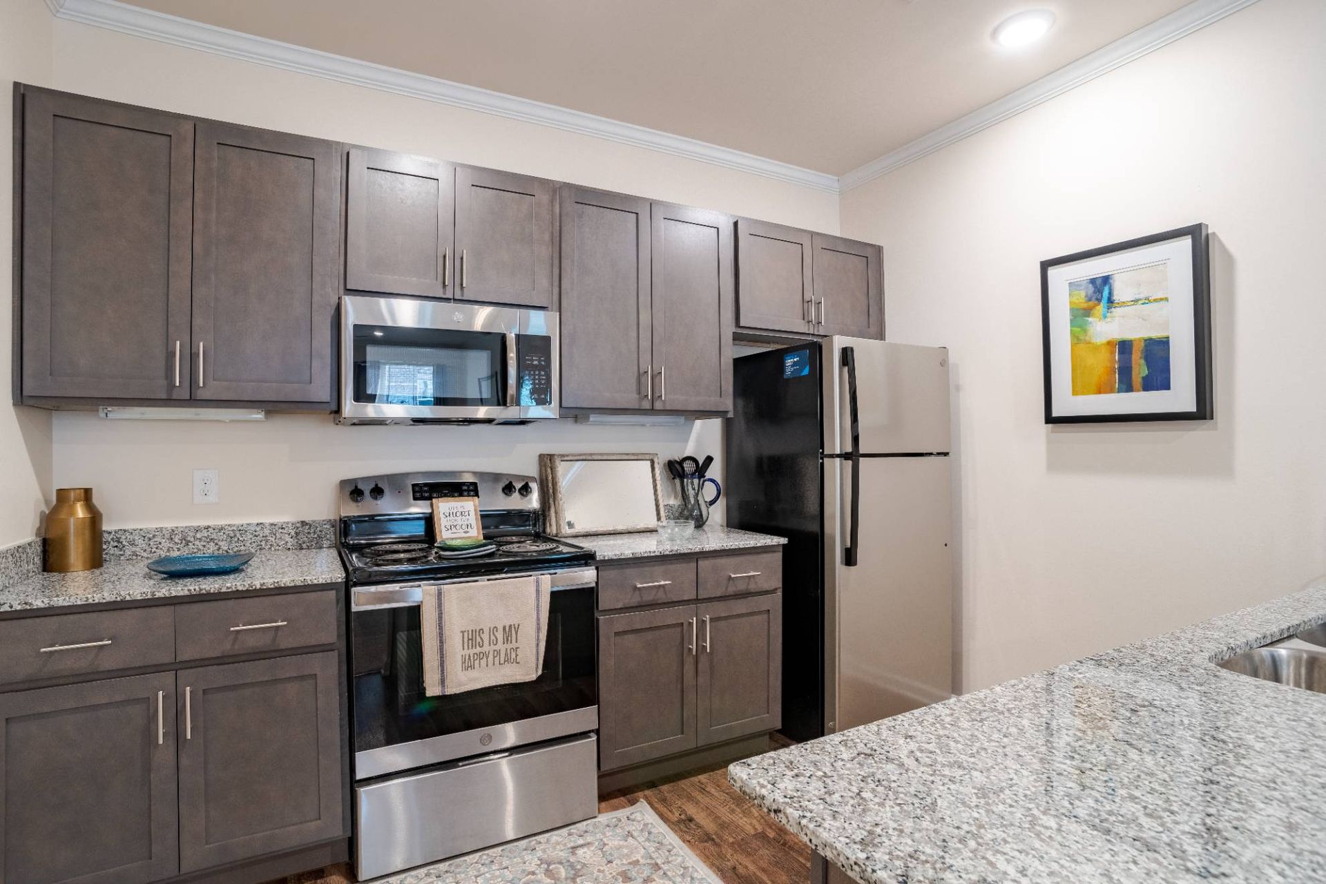 Modern apartment kitchen with gray cabinets, granite counters, and stainless-steel appliances.