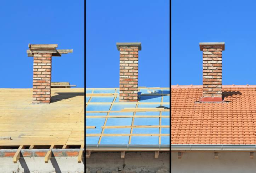 Chimney with roof under construction; stages shown: wood, membrane, red tiles, against blue sky.