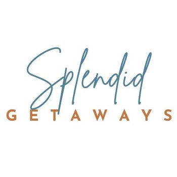The logo for splendid getaways is a blue and orange logo with a white background.