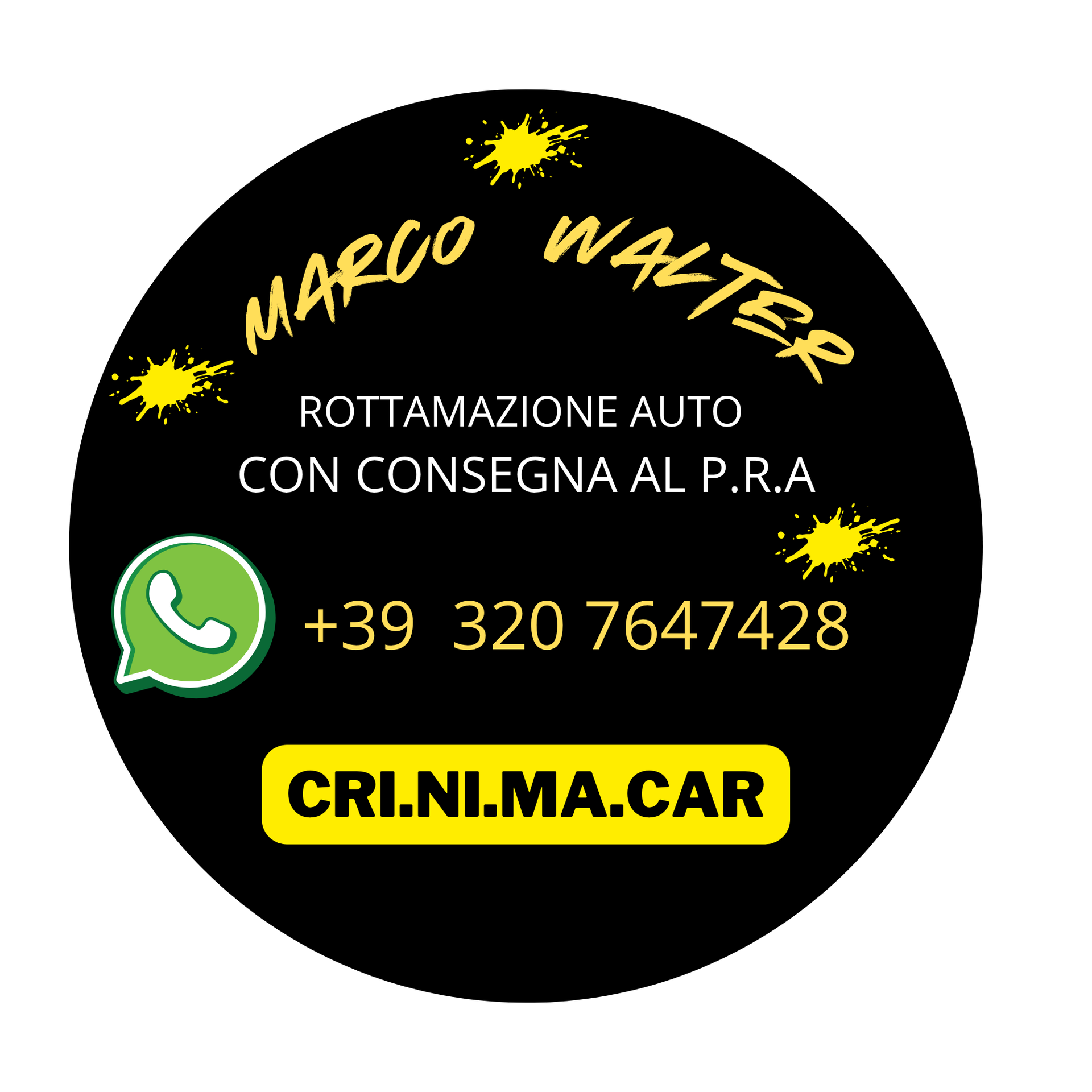 Un logo circolare nero con schizzi di vernice gialla, le scritte 