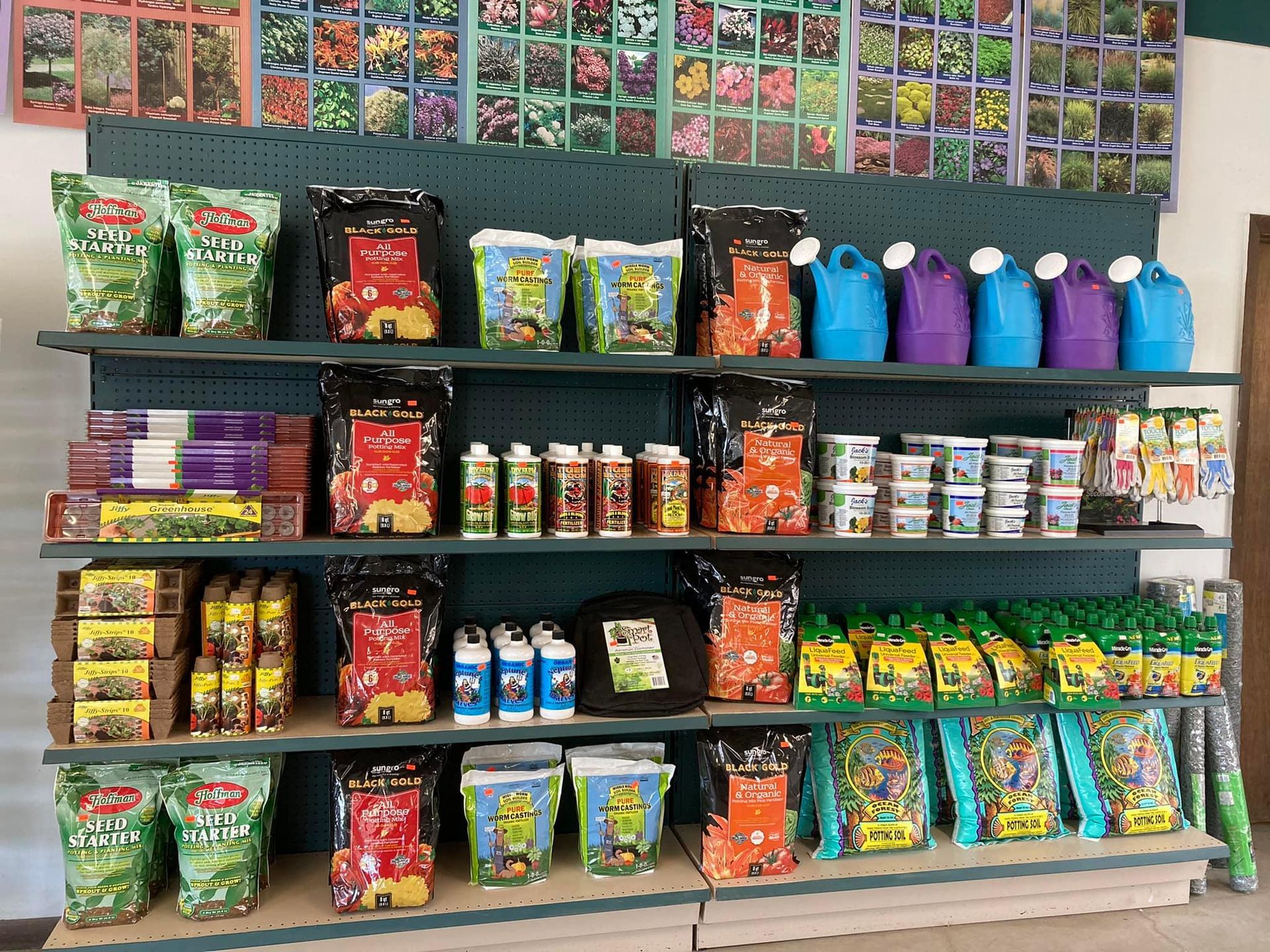 A store shelf filled with lots of gardening products