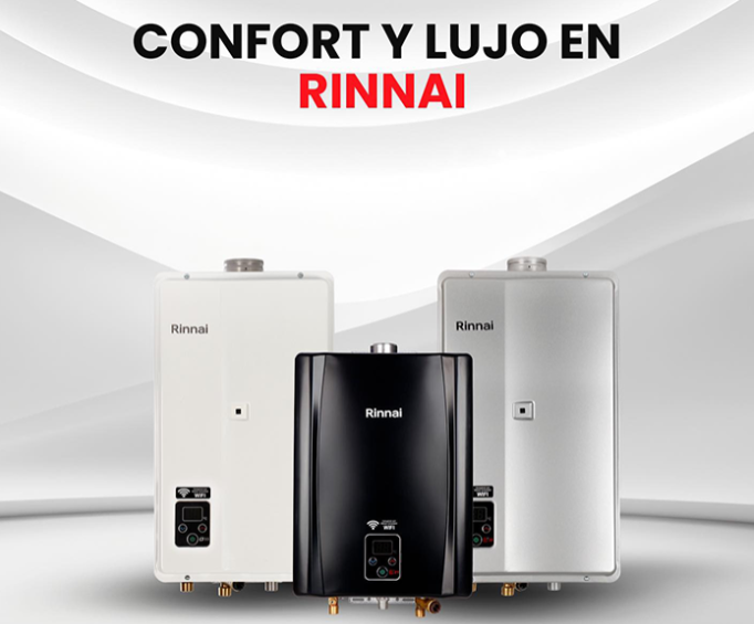 Tres calentadores de agua sin tanque Rinnai: negro, blanco y plateado.