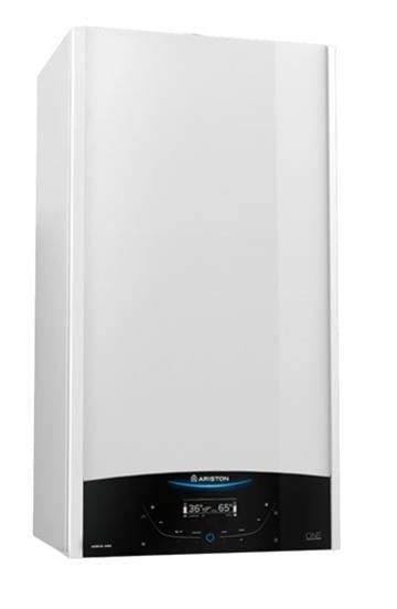 Caldera de gas de pared de color blanco con panel de control negro y pantalla azul.