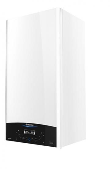 Caldera de gas de pared de color blanco con panel de control negro y pantalla azul.