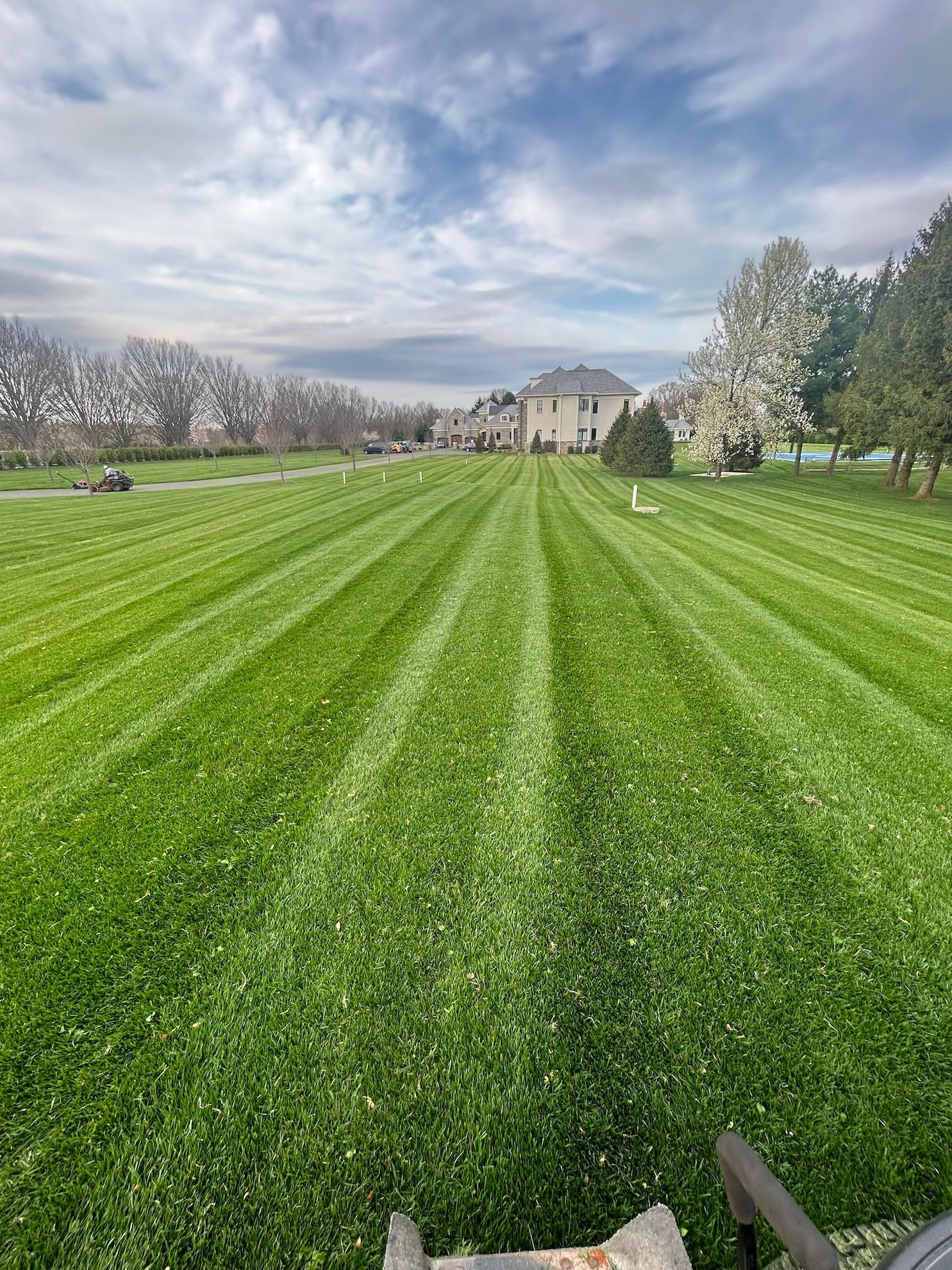 A lush green field of grass with a house in the background.