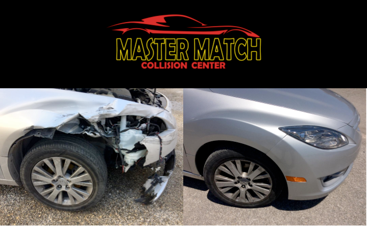 A before and after photo of a silver car from the master match collision center