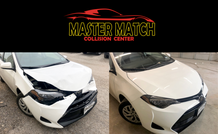 A before and after photo of a white car from the master match collision center