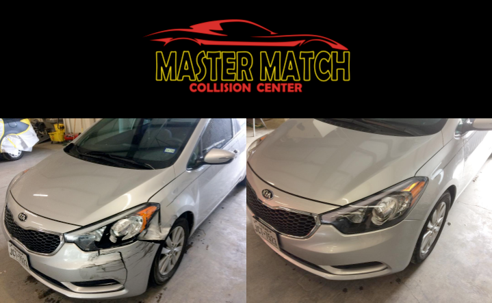 A before and after photo of a silver car from the master match collision center