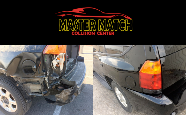 A picture of a car before and after being repaired by the master match collision center