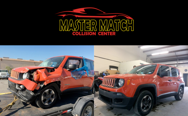 A before and after photo of a jeep from the master match collision center