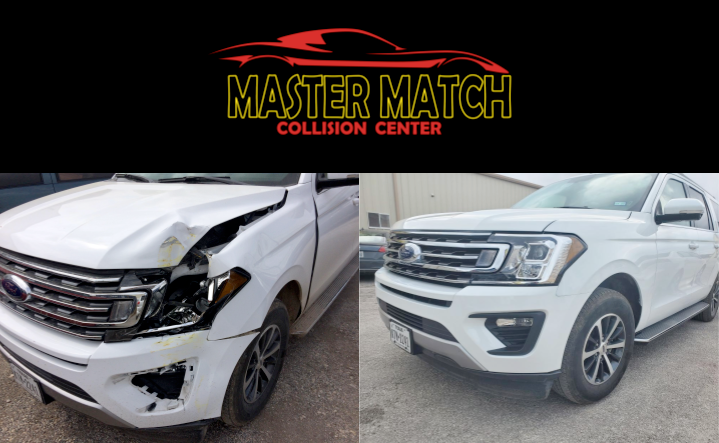 A before and after photo of a white ford expedition