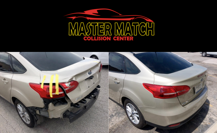 A picture of a car before and after being repaired by the master match collision center