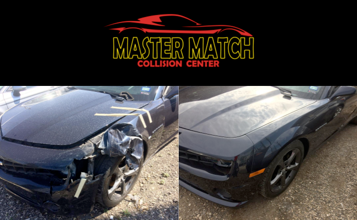 A before and after photo of a black car from the master match collision center