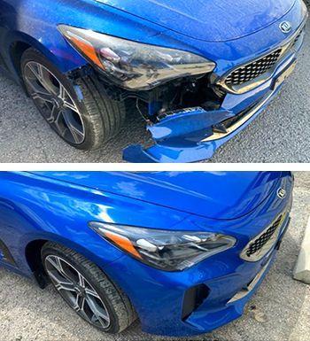 A before and after picture of a blue car with a damaged bumper.