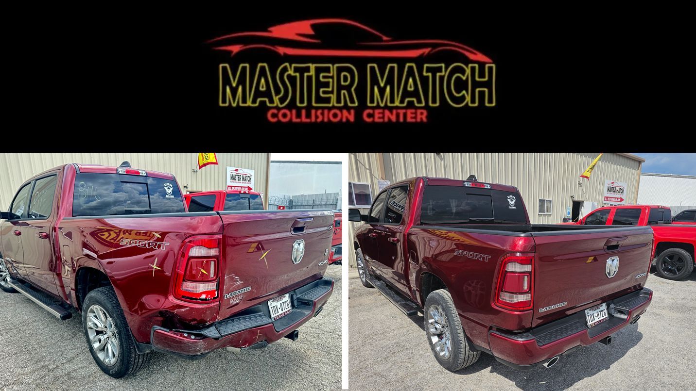 Before and after of a red pickup truck with rear-end damage, repaired by Master Match Collision Center.