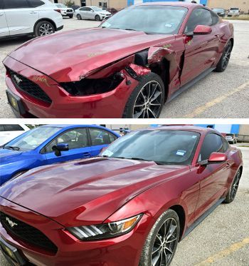 Two pictures of a red mustang before and after being damaged.