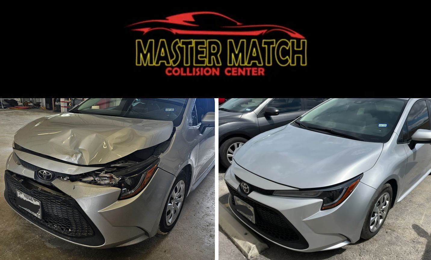 A before and after picture of a silver car from master match collision center