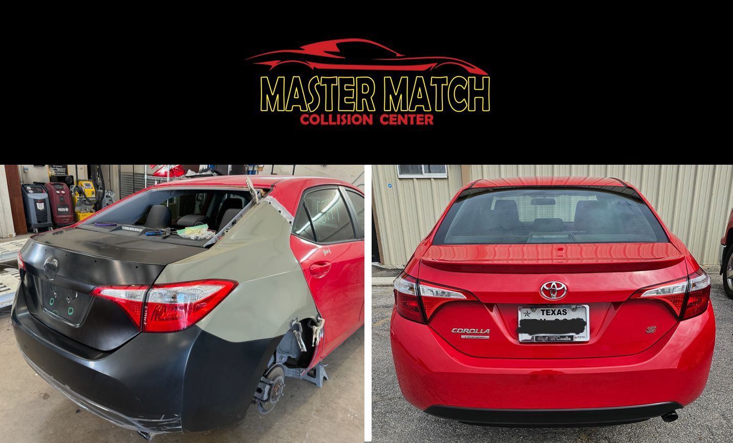 A before and after picture of a red car being repaired.