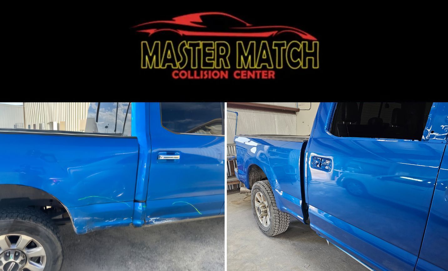 A before and after picture of a blue truck from master match collision center