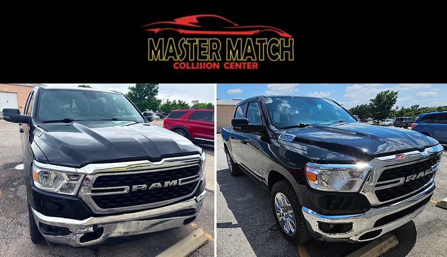 Two black Ram pickup trucks side-by-side, likely before and after collision repair at Master Match Collision Center.