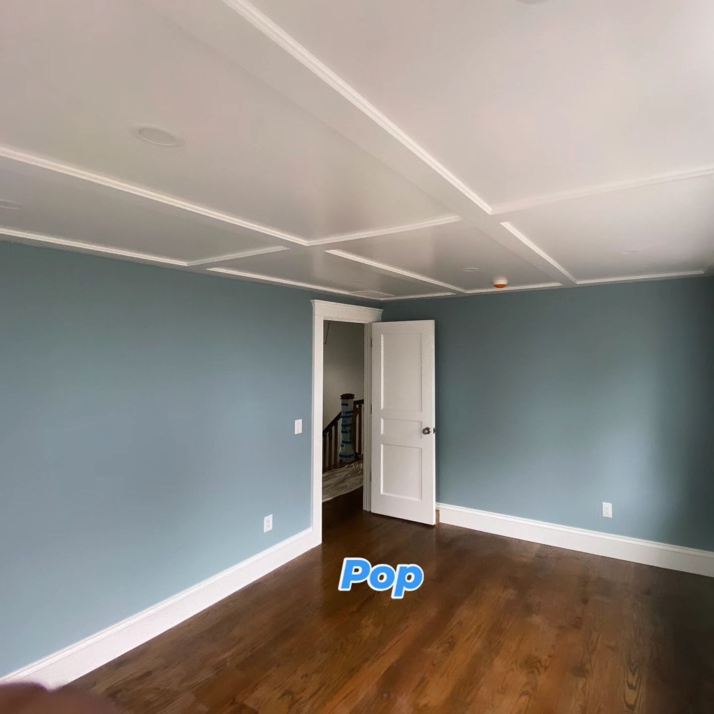 Empty room with blue-gray walls, wood floor, white trim, and an open door to a closet.