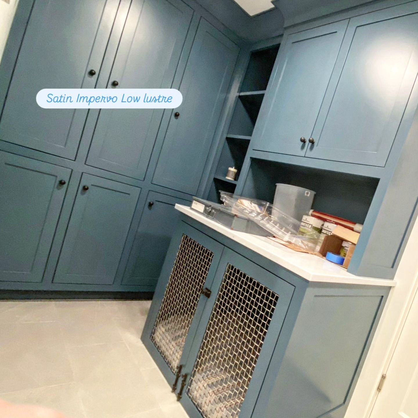 Teal kitchen cabinets and island with mesh doors, countertop items, and a white wall on the right.