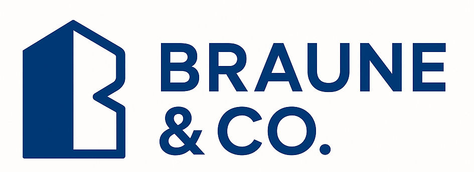 Logo for BRAUNE & CO. featuring a house-shaped graphic split in two colors, with the words