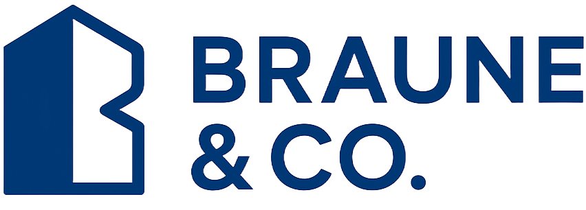 Braune & Co. logo with a blue house-shaped graphic to the left of the company name in blue.