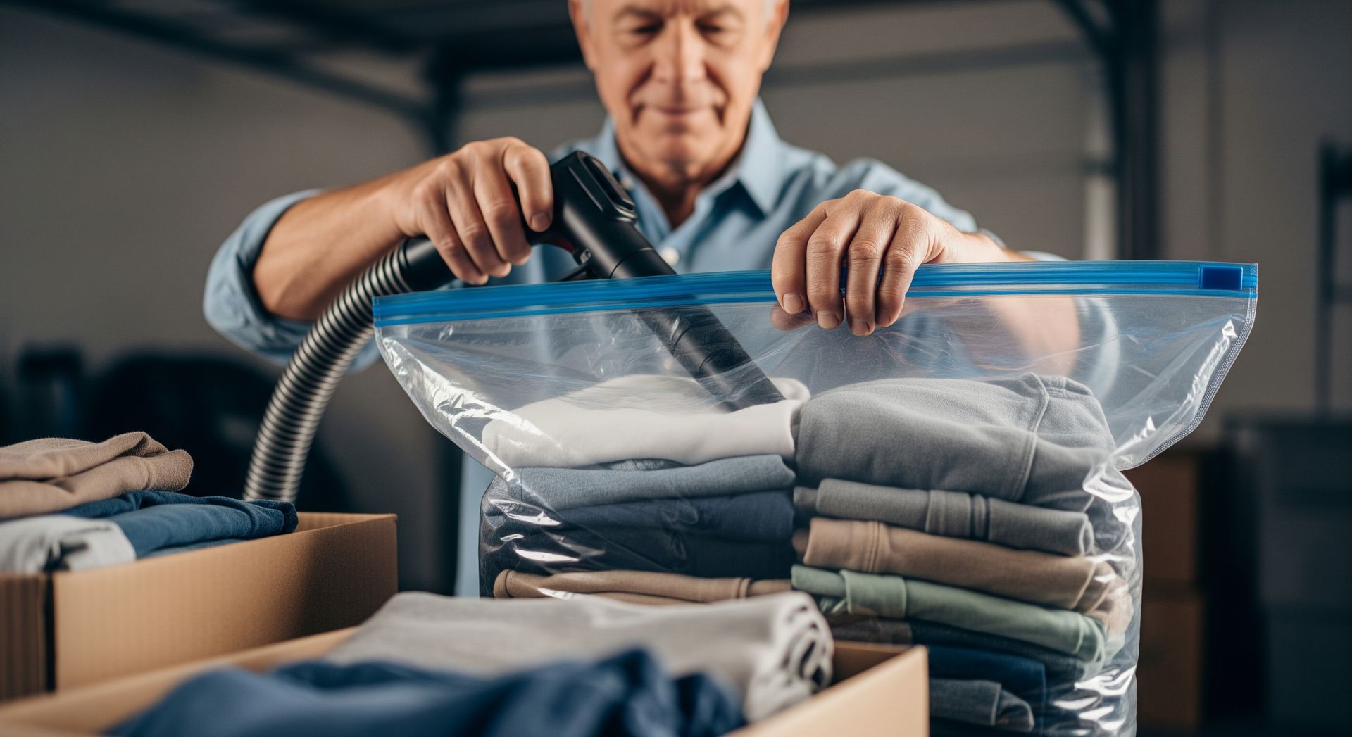 Man vacuum sealing clothes in a storage bag, using a vacuum. Inside a garage.