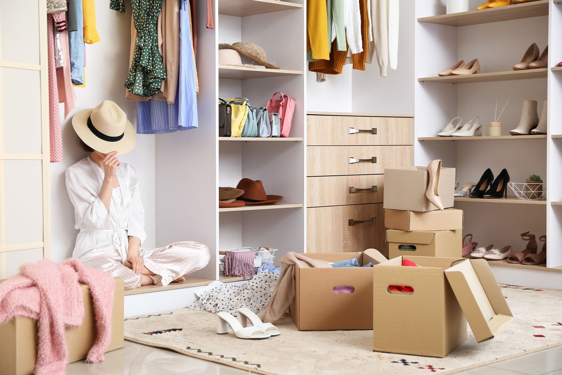 Person in closet, surrounded by clothes, looks overwhelmed. Boxes and shoes are on the floor; closet is disorganized.