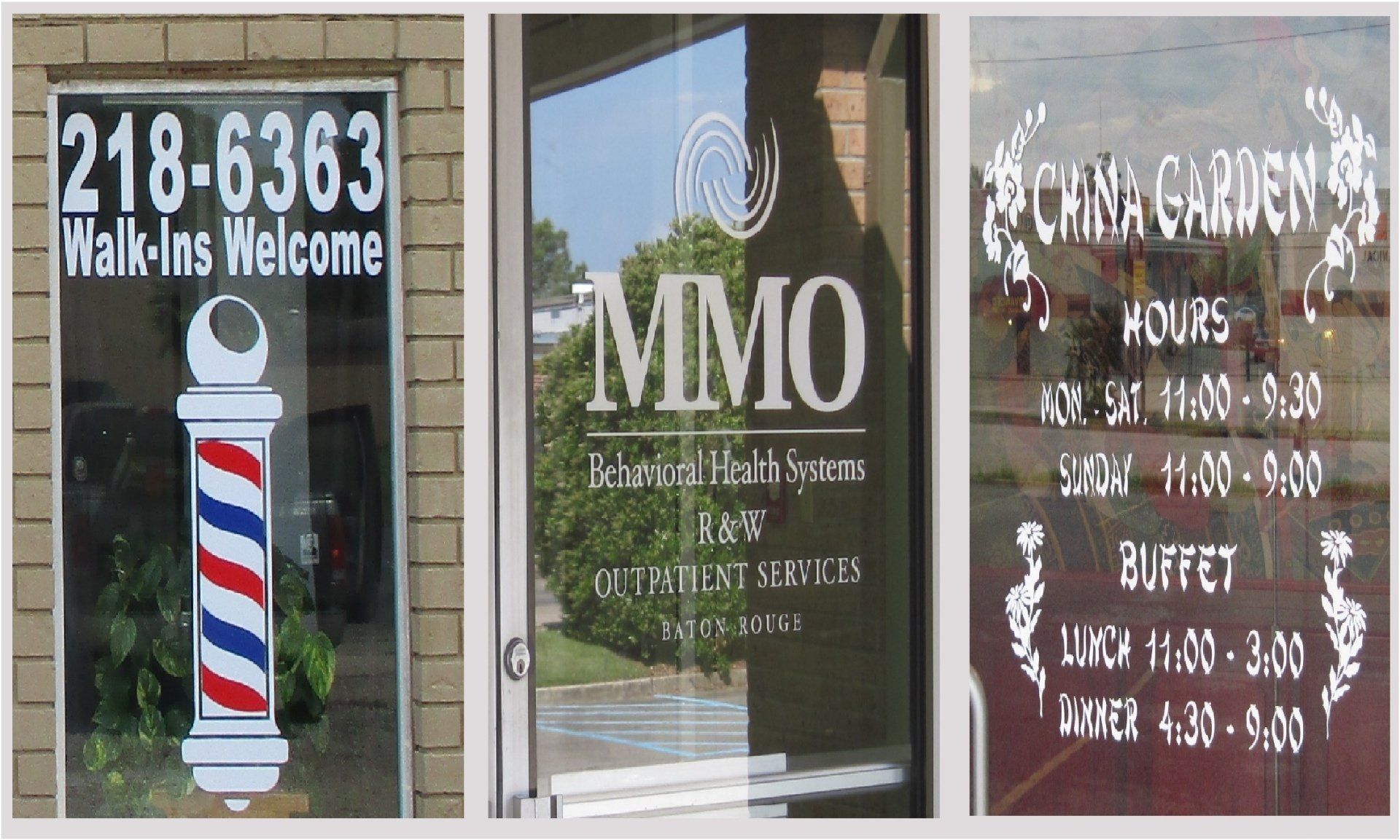Three storefront windows: a barbershop with a pole, a Behavioral Health Systems office, and a Chinese restaurant advertising hours and a buffet.
